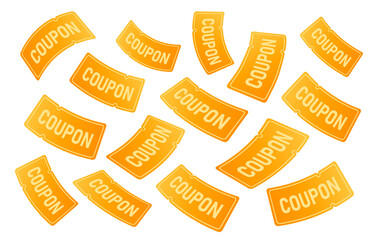 3d unlimited yellow flying coupons as a rain, isolated on white background. Flying discount gift vouchers with coupon code for sale off event. 3d coupon fly vector illustration. Vector illustration