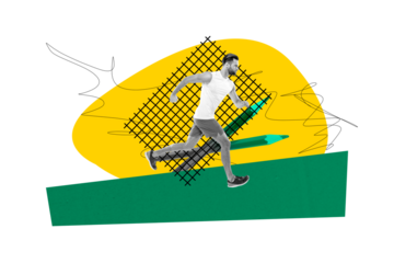 Composite photo collage of serious sportsman jogging motivation run pencil supply sportive marathon isolated on painted background