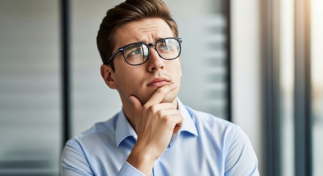 Thoughtful businessman wearing glasses deep in contemplation and pondering ideas - Powered by Adobe