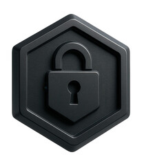 Futuristic hexagonal emblem in obsidian black and matte polymer, symbolizing advanced technology and security.