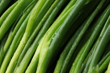 Fresh green spring onions with water drops as background, closeup