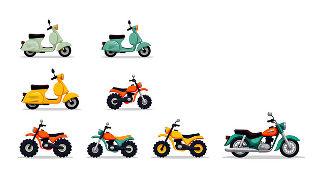 Variety of Motorbikes Displayed Against a White Background Transportation Vehicles Selection Motorbikes - Powered by Adobe