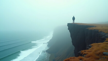 Silhouette of a solitary figure standing on a cliff edge, gazing out at the vast ocean beneath a misty sky.
