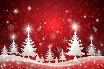Festive Red Christmas Background with White Snow- Covered Trees and Snowflakes holiday winter isolated on a transparent background