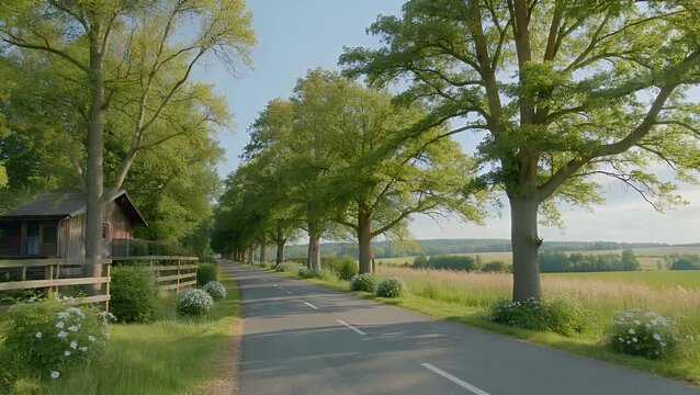 Arboreal bordered pathway in rural terrain exhibits lively verdant pastures and brilliant azure heavens throughout sunlit day level route extends across scenic pastoral landscape edged with trees tha