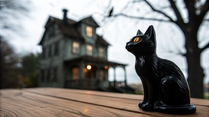 Black Cat Figurine with Spooky Haunted House Background