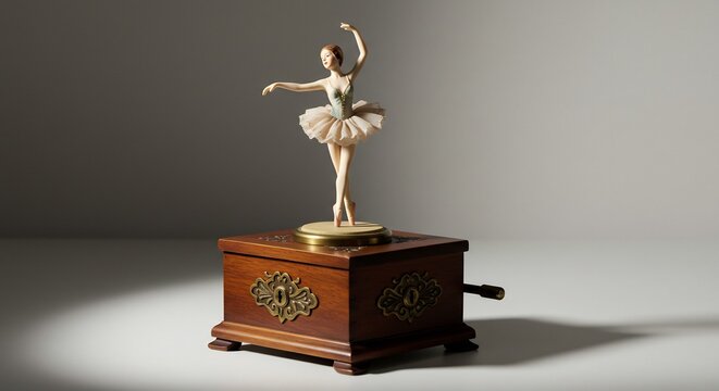 Bailarina de caja musical antigua girando delicadamente bajo potente foco de luz creando atm&oacute;sfera on&iacute;rica