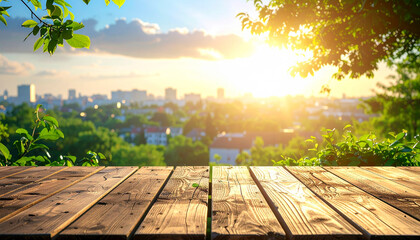 Wooden table empty surface in the foreground, blurred background of houses in the city