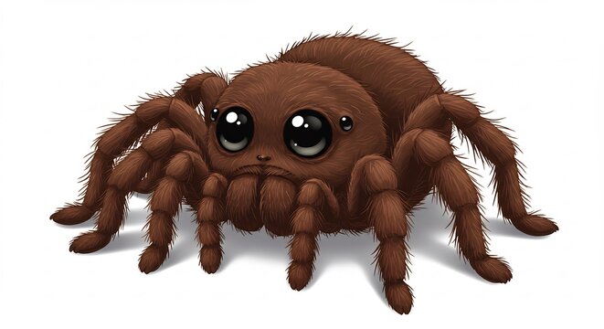 Ara&ntilde;a peluda marr&oacute;n de caricatura con ojos grandes y tristes est&eacute;tica adorable aislada sobre fondo blanco