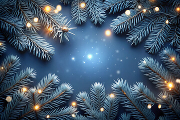 Frosted Fir Branches with Twinkling Golden Lights and Snowflakes on Dark Blue Background christmas winter isolated on a transparent background