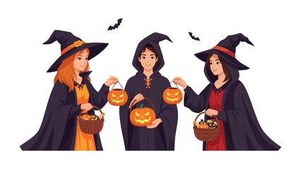 Halloween Friends: Three playful characters dressed as witches and a wizard gather for Halloween, holding carved pumpkins and baskets of candy, ready for a festive celebration.