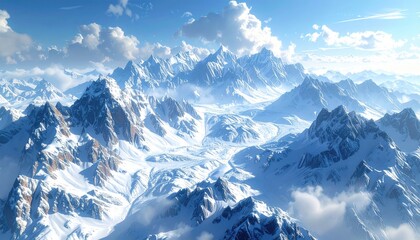 Majestic mountain peaks covered in snow stretch towards the vibrant blue sky, with puffy clouds gently drifting above, creating an expansive, panoramic vista of natural beauty and serene atmosphere.