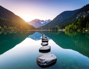 Calm lake, mountain range, sunrise pathway