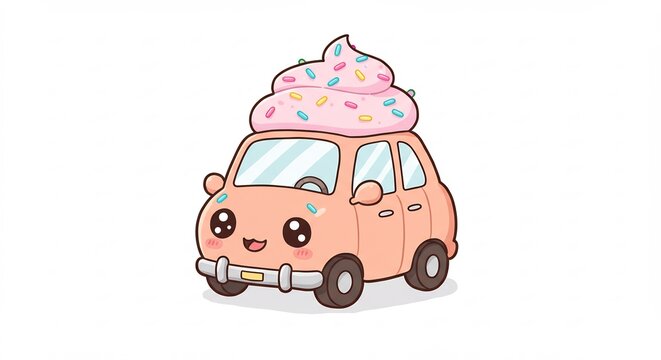 Adorable coche rosado estilo kawaii con gran helado de fresa y chispitas brillantes dibujado con alegr&iacute;a infantil