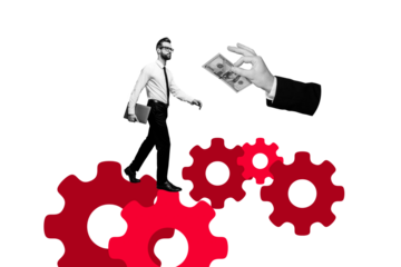 Composite photo collage of serious man freelance worker carry laptop bonus bribe cash payment hand offer isolated on painted background