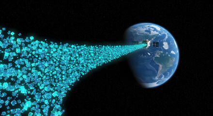 Data packets depicted as glowing cubes flowing from a satellite towards Earth