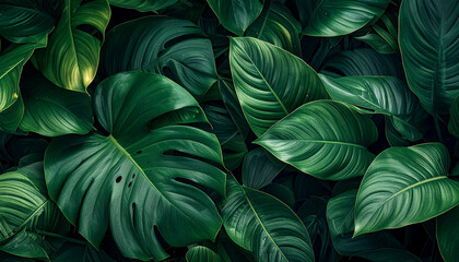 Close-up tropical leaves background, lush green foliage, detailed texture, natural palm