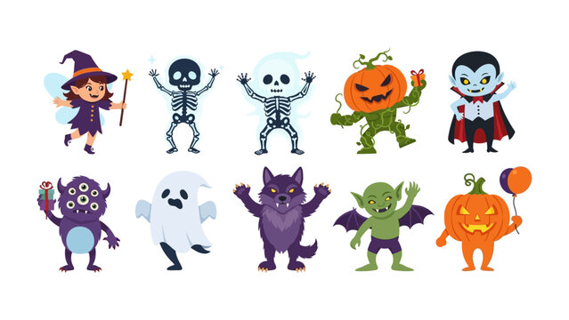 Halloween Characters Gathering: A charming collection of whimsical Halloween character designs, capturing the spooky and playful spirit of the holiday. 