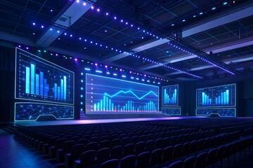 Futuristic Conference Stage with 3D Holographic Keynote Charts