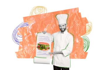 Composite trend artwork sketch image 3D collage of worker business stuff cook restaurant prepare waiter order burger sandwich kitchen