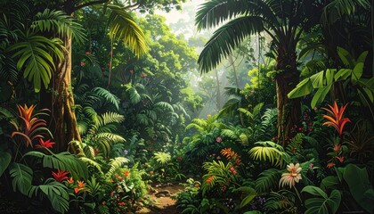 Lush tropical forest scene displaying vibrant greenery and colorful flora, illuminated by dappled sunlight.