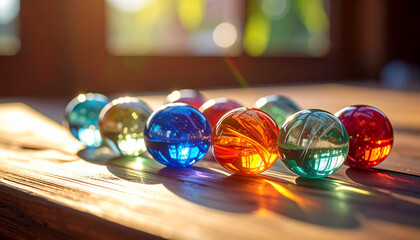 Close-up photo of colorful glass marbles, shiny reflective surfaces, placed on a woodenClose-up photo of colorful glass marbles, shiny reflective surfaces, placed on a wooden