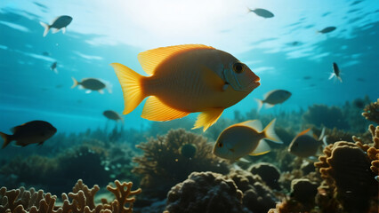 Naklejka premium Underwater Sunlight Golden Fish in a Coral Reef Marine Ecosystem Scenery