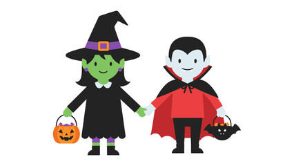 Halloween Duo: A charming cartoon featuring a witch and a vampire, hand in hand, ready for a night of trick-or-treating, exuding the playful spirit of Halloween.
