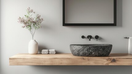 Farmhouse bathroom with large stone basin, raw edge wooden counter, and black matte hardware