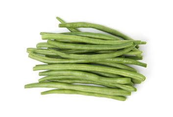 Fresh green bean pods isolated on white, top view