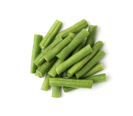 Pieces of fresh green beans isolated on white, top view