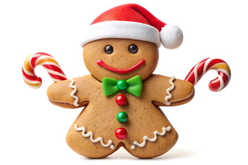 Gingerbread Man Cookie Wearing Santa Hat Holding Candy Canes on White Background christmas isolated on a transparent background
