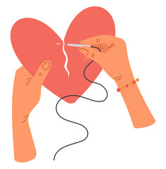 Womens hands sew up broken heart with needle and thread. Couple unity. Romantic relationship repair. Arms connect love pieces with rope. Vector concept of forgiveness and reconciliation