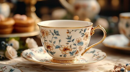 Fototapeta premium Delicate Porcelain Cup And Saucer With Floral Patterns In Museum Display With Soft Lighting