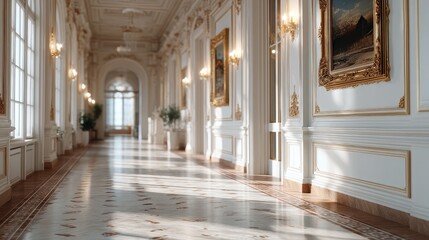 Elegant White and Gold Ornate Hallway with Marble Floor Sunlight Streaming Through Arched Windows Cinematic Lighting Style Product Photo
