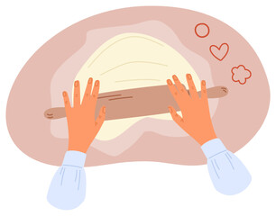 Women roll out dough with wooden rolling pin. Girl prepares pastry from dough. Baker cooking food. Chef making sweet cookies. Cake preparation top view. Homemade biscuit. Vector concept