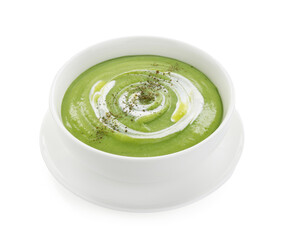 Tasty broccoli cream soup isolated on white