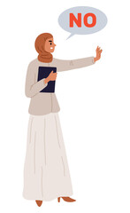 Woman in traditional Muslim dress says no. Arab girl showing prohibition gesture. Disapprove and reject. Negative reaction. Denial signal. Saudi female in hijab. Vector concept of refusal