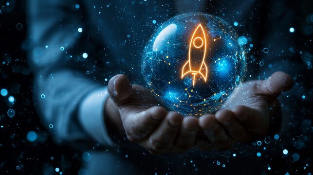Businessman Holding Digital Globe with Rocket Launch Icon, Representing Startup, Innovation, Technology, and Future Growth in Dark Blue Space