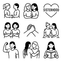 Simple black and white icons, a set of 9, on the theme of feminism, the women's movement, sisterhood, women's support, women's communities