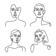 Simple outline portraits showing diverse ethnicity and minimal faces using a modern continuous line style, transparent