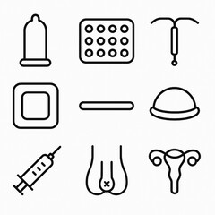 Linear simple icons about contraception and protection during sexual intercourse, a set of nine black and white icons