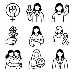 Black and white icons with a curly-haired girl on the theme of feminism, women's rights, and professions for girls