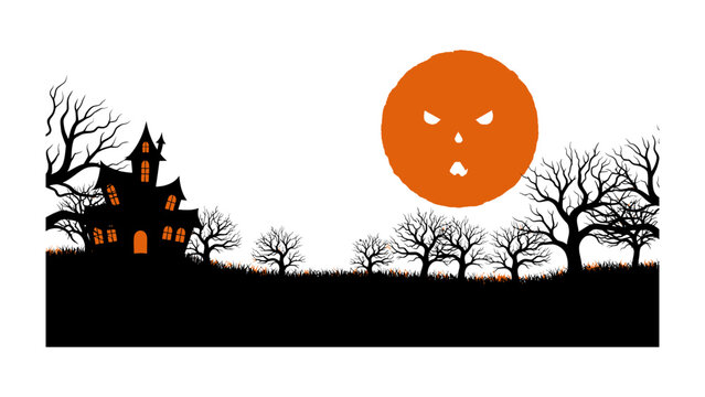 Spooky Night: Silhouette of a haunted house with the spooky sun, a quintessential Halloween image to send a chilling thrill down your spine.