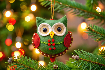 Green Felt Owl Christmas Ornament with Red Accents Hanging on a Pine Tree Branch holiday decoration isolated on a transparent background