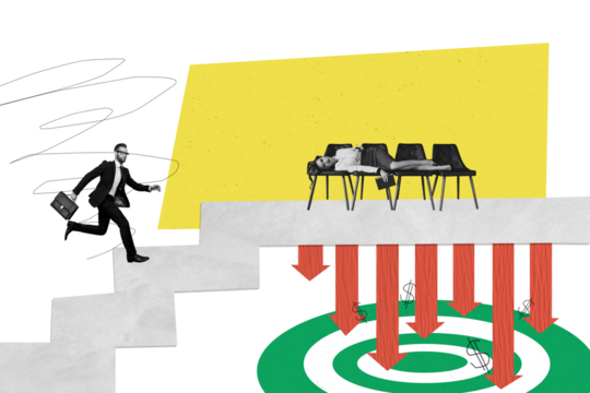 Composite photo collage of upset girl guy business partners lay stool run crisis arrow dollar inflation down isolated on painted background