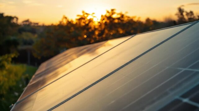Sunset over solar panels reflecting light, showcasing renewable energy in a serene landscape