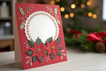 Handmade Christmas Card with Poinsettias and a Blank Circular Space for Text craft paper isolated on a transparent background