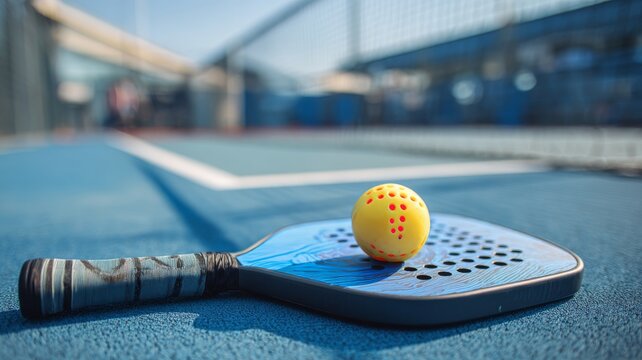 Pickleball tennis racket resting on sport court with vibrant blue background and copy space, active sports equipment for outdoor game and fitness