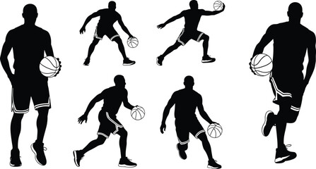 Basketball player silhouette, dribbling, shooting, running, athletic movement, sports action, black figure, isolated, dynamic pose, white background, vector